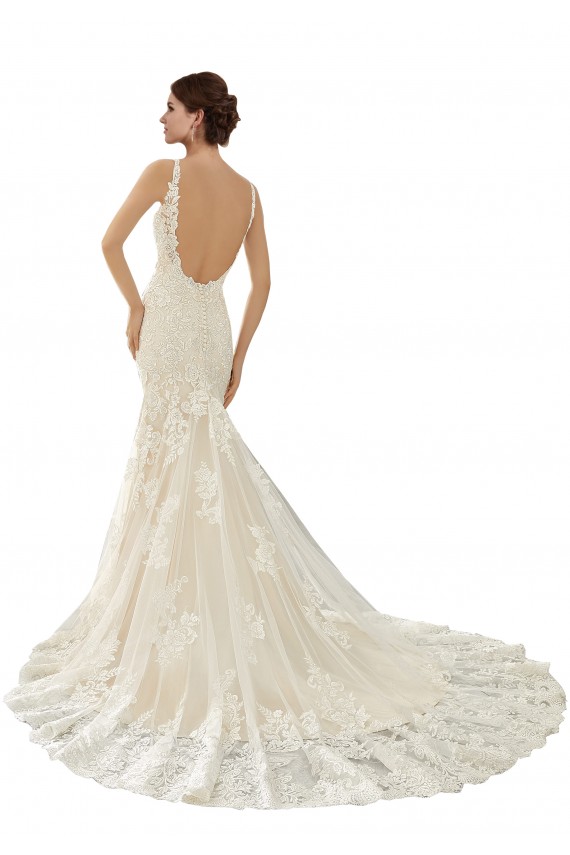 Compra Marfil & Champán Sirena Cuello en V Cola capilla Encaje Vestidos de novia