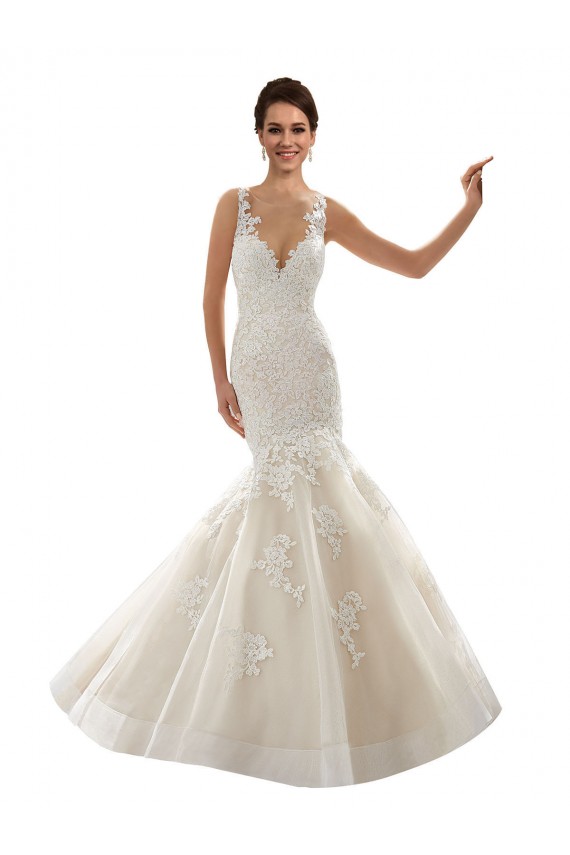 Compra Marfil & Champán Sirena Cuello en V Cola capilla Tul Encaje Clásico Vestidos de novia