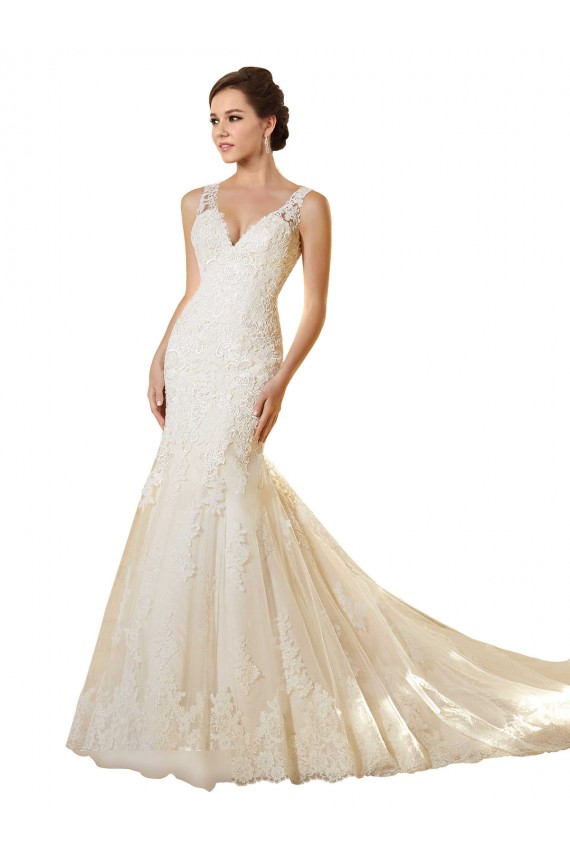 Compra Marfil & Champán Sirena Cuello en V Cola capilla Tul Encaje Vestidos de novia