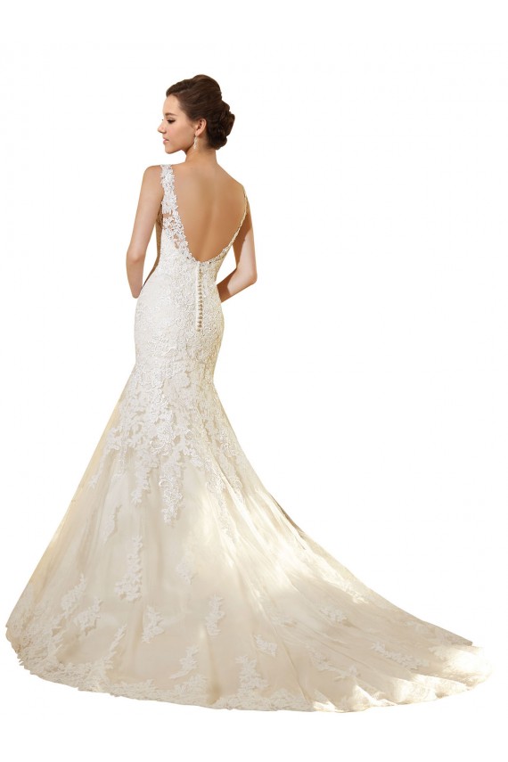 Compra Marfil & Champán Sirena Cuello en V Cola capilla Tul Encaje Vestidos de novia