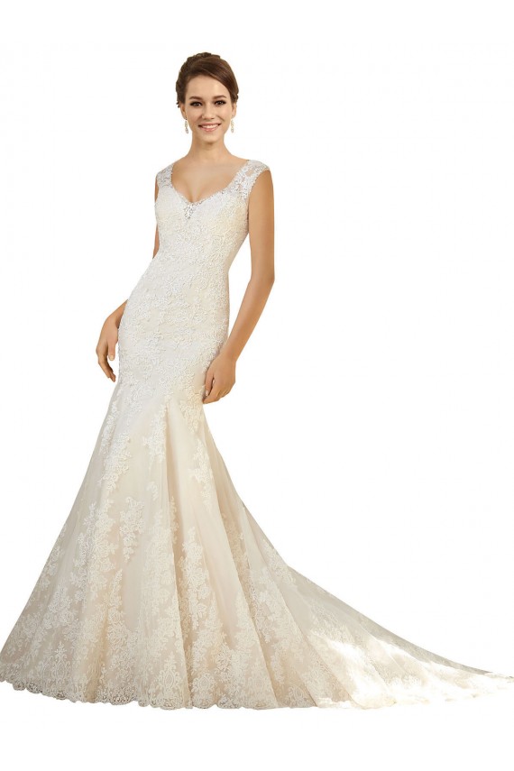 Compra Marfil & Champán Sirena Cuello en V Cola capilla Tul Encaje Vestidos de novia