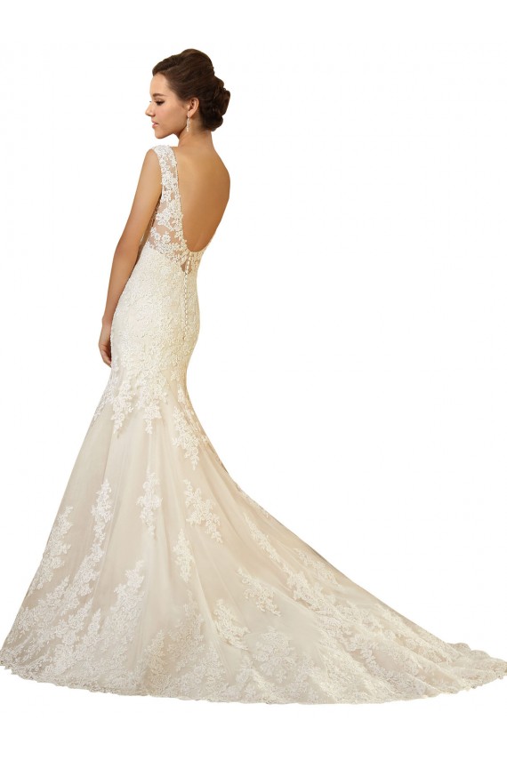 Compra Marfil & Champán Sirena Cuello en V Cola capilla Tul Encaje Vestidos de novia
