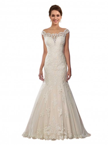 Marfil & Champán Sirena Hombros Descubiertos Cola capilla Encaje Boho Vestidos de novia Baratos