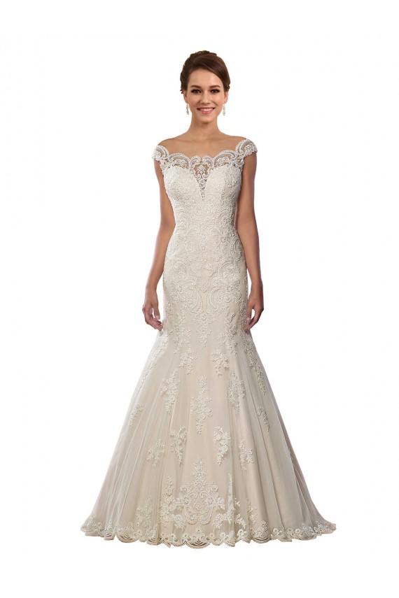 Compra Marfil & Champán Sirena Hombros Descubiertos Cola capilla Encaje Boho Vestidos de novia