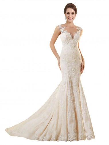 Marfil & Champán Sirena Ilusión Cola capilla Encaje Vestidos de novia Baratos