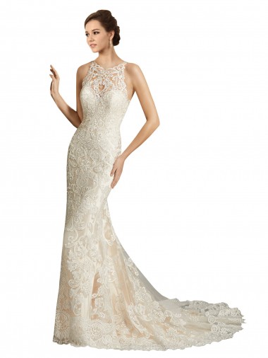 Marfil & Champán Sirena Ilusión Cola capilla Tul Encaje Clásico Vestidos de novia Baratos
