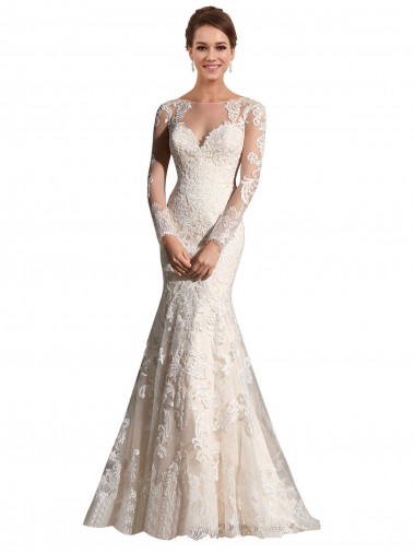 Marfil & Champán Sirena Ilusión Cola capilla Tul Encaje Vestidos de novia Baratos