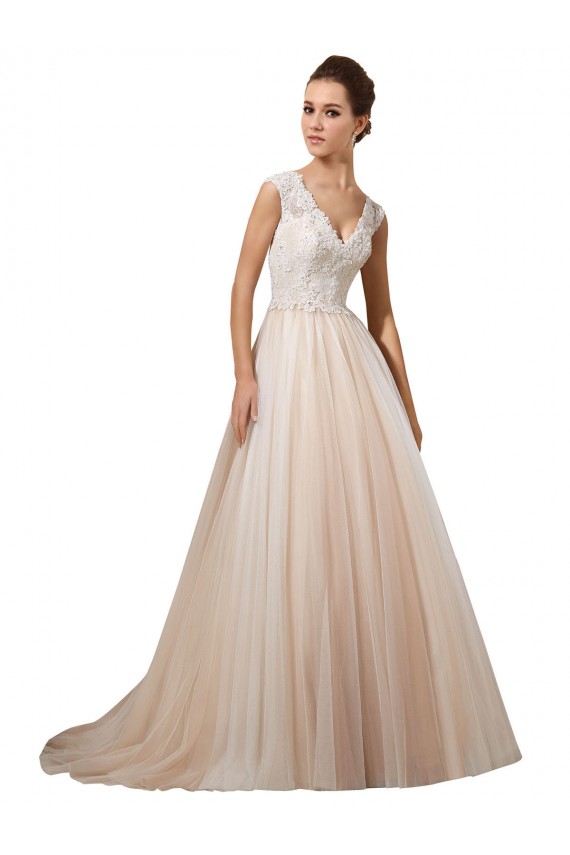 Compra Marfil & Champán línea A Cuello en V Cola capilla Tul Encaje Vestidos de novia