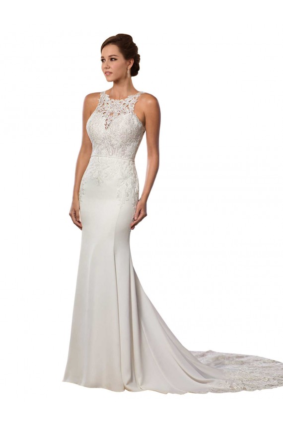 Compra Marfil Cubierta Cuello Alto Cola capilla Encaje Vestidos de novia