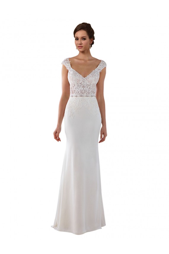 Compra Marfil Cubierta Cuello en V Cola capilla Encaje Crepé Elástico Vestidos de novia