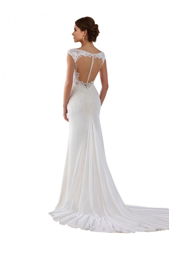 Compra Marfil Cubierta Cuello en V Cola capilla Encaje Crepé Elástico Vestidos de novia