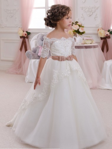 Marfil Cuello Alto Tul Encaje Largo vestidos de niña de las flores Baratos