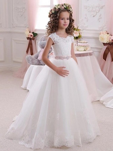 Marfil Cuello Alto Tul Encaje Largo vestidos de niña de las flores Baratos