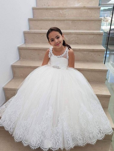 Marfil Cuello Alto Tul Encaje Largo vestidos de niña de las flores Baratos