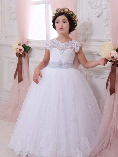 Marfil Cuello de Corazón Cola capilla Tul Encaje Largo vestidos de niña de las flores Baratos