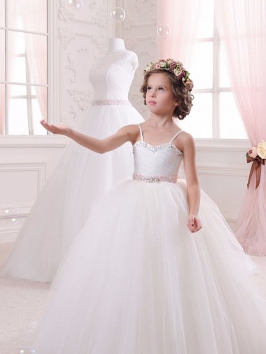 Marfil Cuello de Corazón Cola capilla Tul Largo vestidos de niña de las flores Baratos