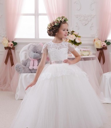 Marfil Cuello de Corazón Tul Encaje Largo vestidos de niña de las flores Baratos
