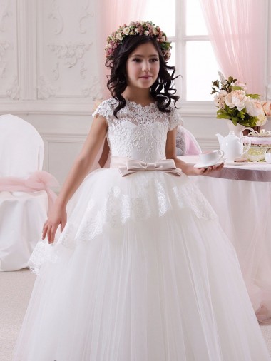 Marfil Cuello de Corazón Tul Encaje Largo vestidos de niña de las flores Baratos