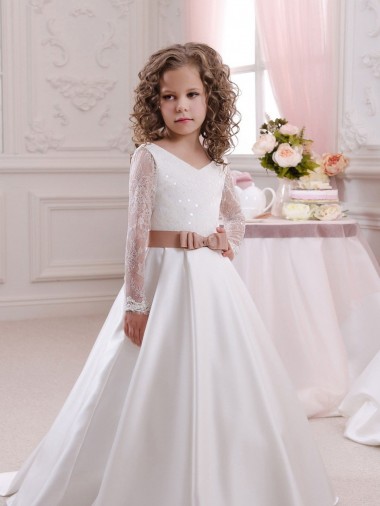 Marfil Cuello en V Cola capilla Satén Encaje Largo vestidos de niña de las flores Baratos