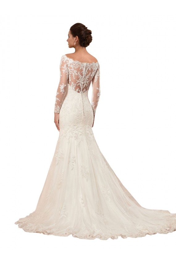 Compra Marfil Sirena Barco Cola capilla Encaje Vestidos de novia