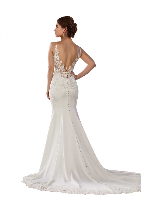 Compra Marfil Sirena Cuello en V Cola capilla Encaje Crepé Elástico Vestidos de novia