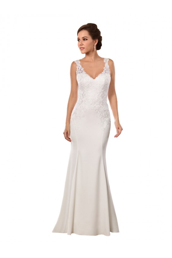 Compra Marfil Sirena Cuello en V Cola capilla Encaje Crepé Elástico Vestidos de novia