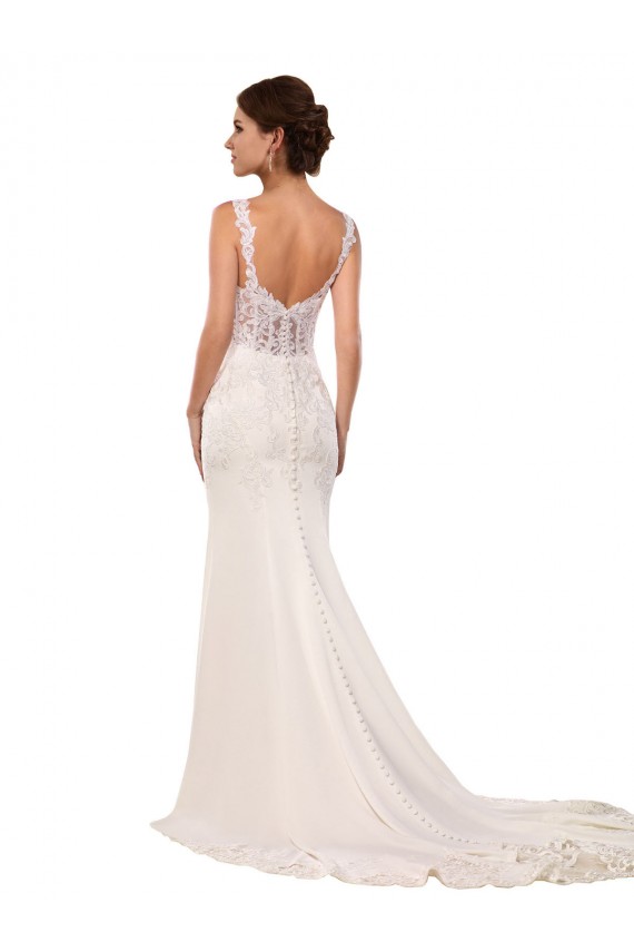 Compra Marfil Sirena Cuello en V Cola capilla Encaje Crepé Elástico Vestidos de novia
