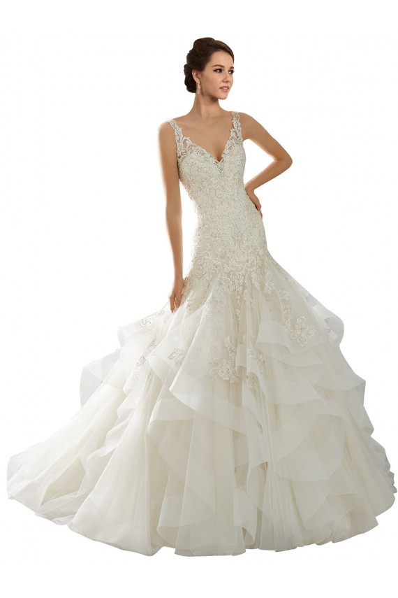 Compra Marfil Sirena Cuello en V Cola capilla Tul Vestidos de novia