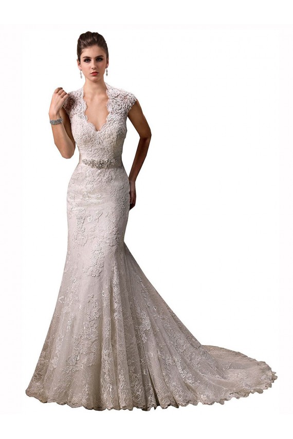 Compra Marfil Sirena Halter Cuello en V Cola capilla Encaje Vestidos de novia