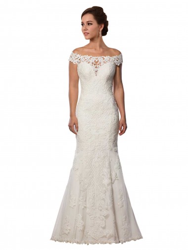Marfil Sirena Hombros Descubiertos Cola capilla Encaje Boho Vestidos de novia Baratos