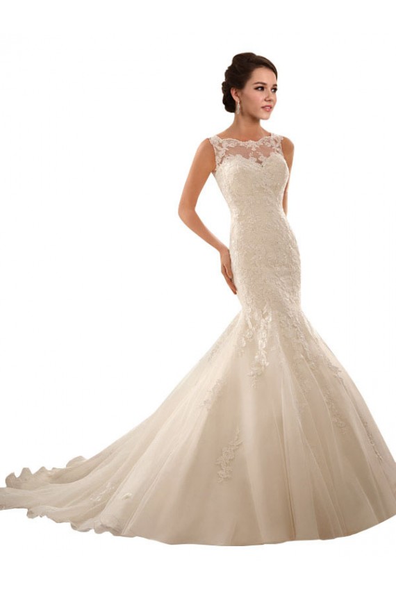 Compra Marfil Sirena Ilusión Cola capilla Tul Encaje Vestidos de novia