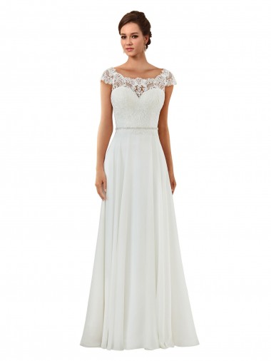 Marfil línea A Barco Cola capilla Gasa Clásico Vestidos de novia Baratos