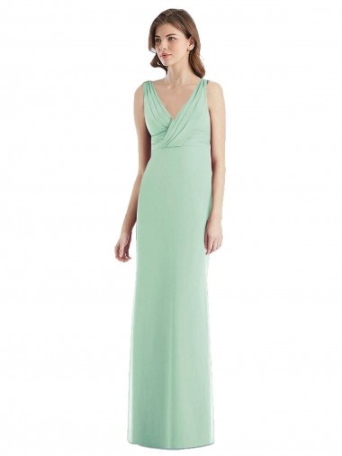 Menta Verde Trompeta Cuello en V Gasa Largo Vestidos de dama de honor Baratos