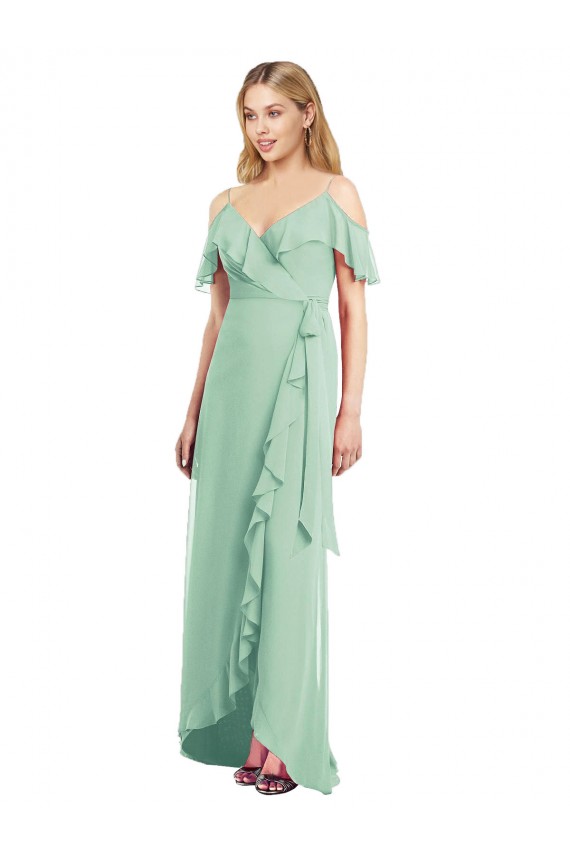 Compra Menta Verde Trompeta Tirantes espagueti Cuello en V Gasa Largo Asimétrico Vestidos de dama de honor