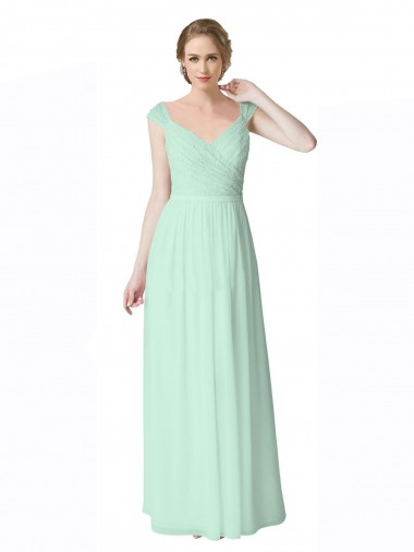Menta Verde línea A Cuello en V Gasa Encaje Largo Vestidos de dama de honor Baratos