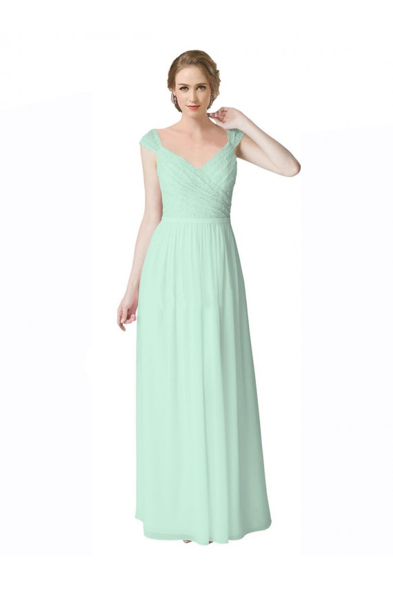 Compra Menta Verde línea A Cuello en V Gasa Encaje Largo Vestidos de dama de honor