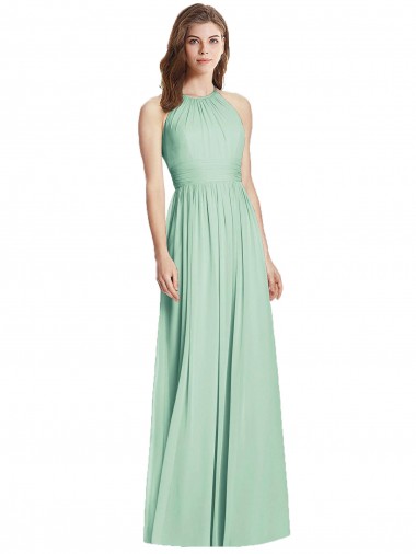 Menta Verde línea A Halter Gasa Largo Vestidos de dama de honor Baratos