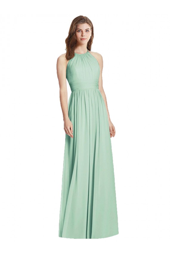 Compra Menta Verde línea A Halter Gasa Largo Vestidos de dama de honor