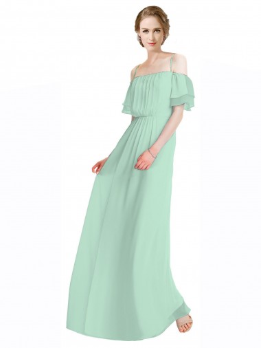 Menta Verde línea A Hombros Descubiertos Tirantes espagueti Gasa Largo Vestidos de dama de honor Baratos