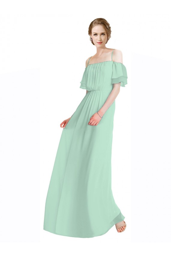 Compra Menta Verde línea A Hombros Descubiertos Tirantes espagueti Gasa Largo Vestidos de dama de honor