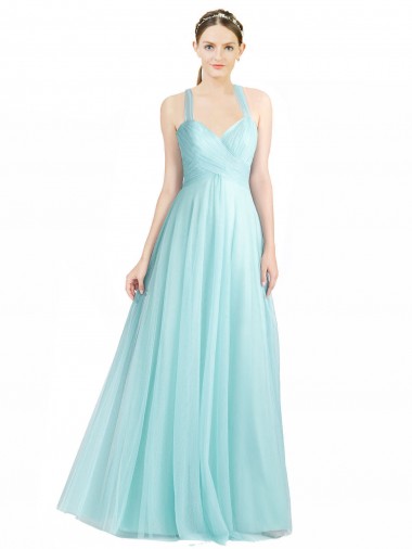 Menta Verde línea A Tirantes espagueti Tul Largo Vestidos de dama de honor Baratos