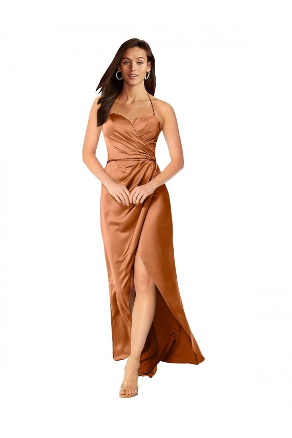 Compra Naranja línea A Tirantes espagueti Satén sedoso Largo Asimétrico Formales Vestidos de dama de honor / Vestidos de fiesta