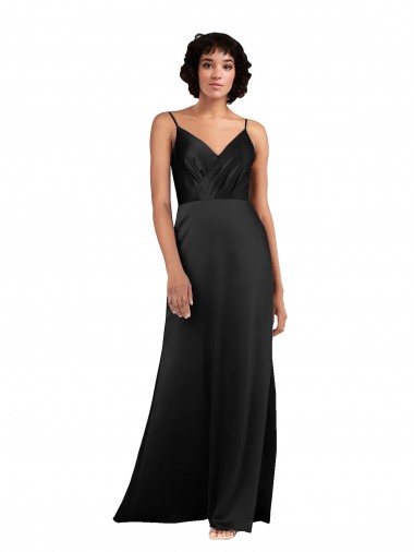 Negro Columna Cuello en V Satén sedoso Largo Asimétrico Formales Vestidos de dama de honor / Vestidos de fiesta Baratos