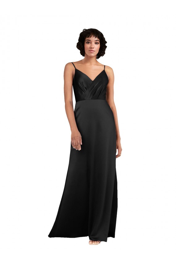 Compra Negro Columna Cuello en V Satén sedoso Largo Asimétrico Formales Vestidos de dama de honor / Vestidos de fiesta