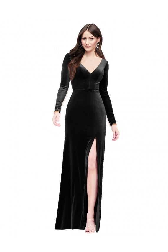 Compra Negro Columna Cuello en V Terciopelo Elástico Largo Formales Vestidos de dama de honor / Vestidos de fiesta