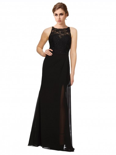 Negro Cubierta Cuello Alto Gasa Encaje Largo Vestidos de dama de honor Baratos