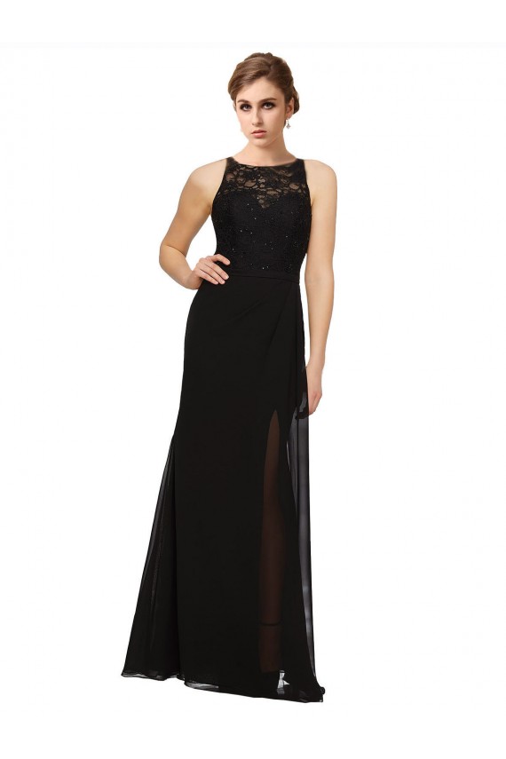 Compra Negro Cubierta Cuello Alto Gasa Encaje Largo Vestidos de dama de honor