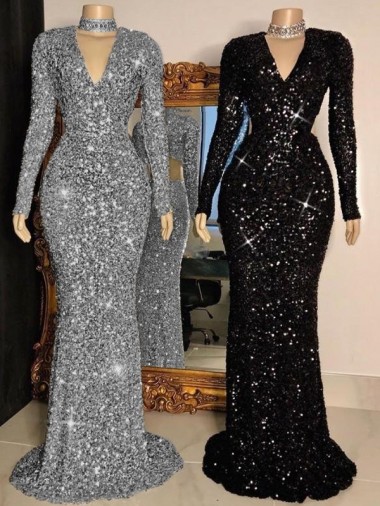 Negro Cubierta Cuello en V Barrer tren Lentejuelas Terciopelo Largo Vestidos de fiesta Baratos