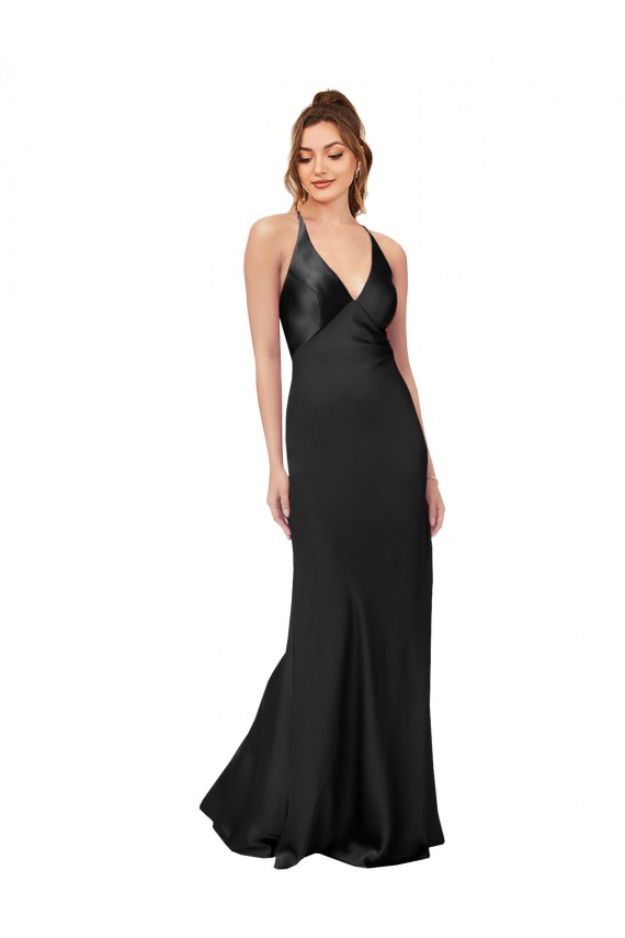 Compra Negro Cubierta Cuello en V Satén sedoso Largo Formales Vestidos de dama de honor / Vestidos de fiesta