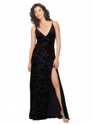 Negro Cubierta Cuello en V Terciopelo floral Terciopelo Elástico Largo Vestidos de dama de honor Baratos